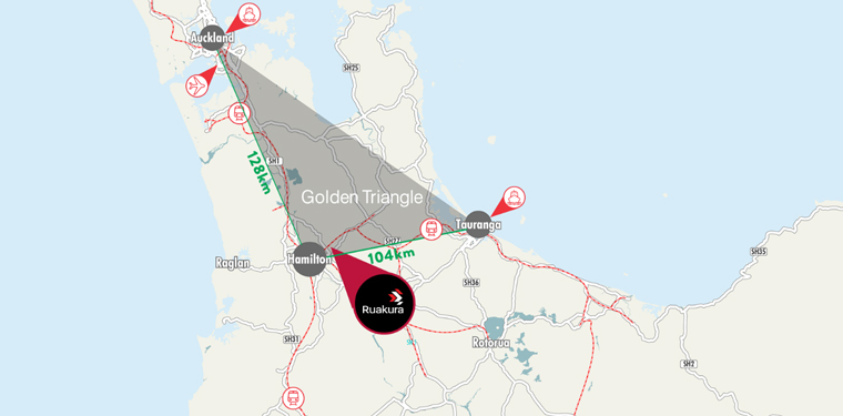 A map showing the connections between Auckland, Hamilton and Tauranga.